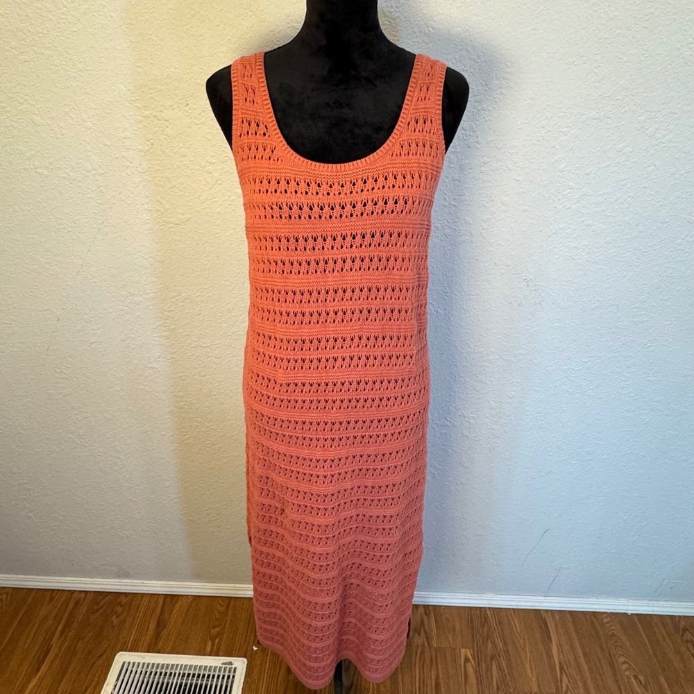 Old Navy Women Coral Orange Pointelle Knit Sleeveless Maxi Sweater Dress M Tall